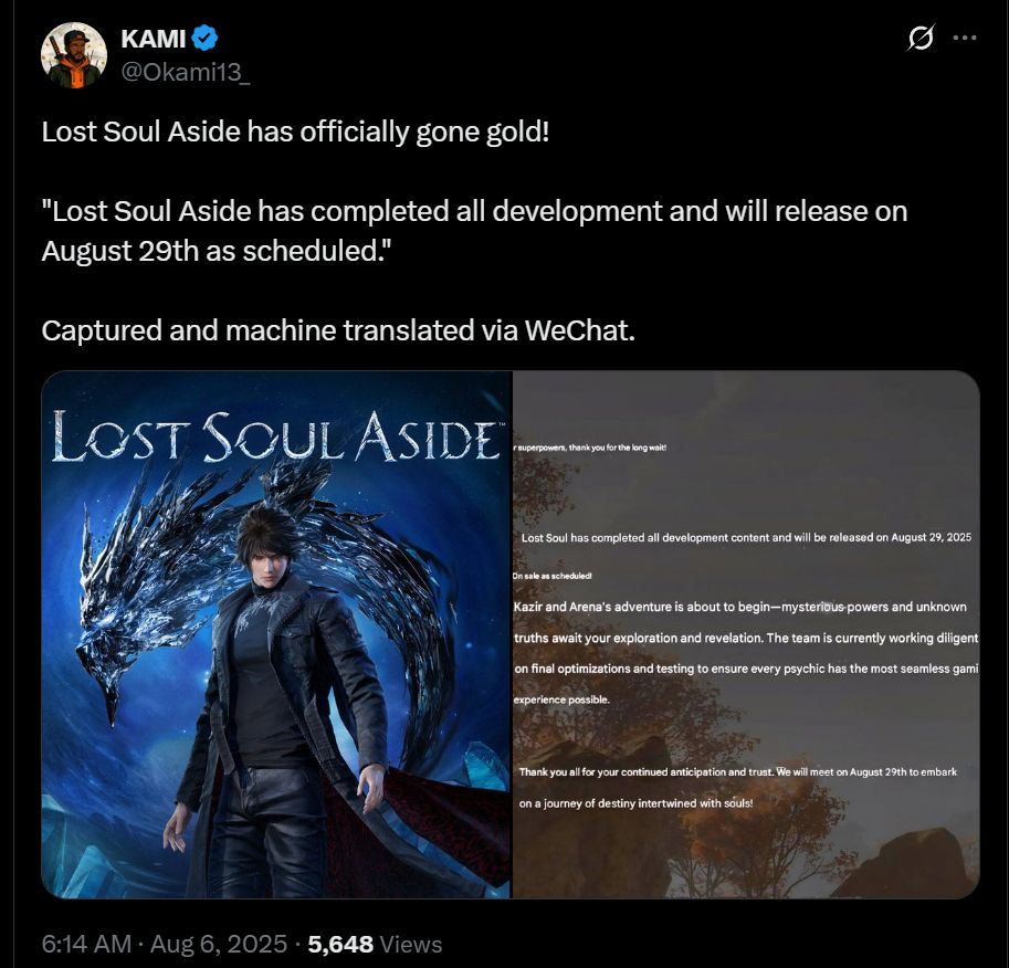 Lost Soul Aside has officially gone gold!

"Lost Soul Aside has completed all development and will release on August 29th as scheduled."

Captured and machine translated via WeChat.