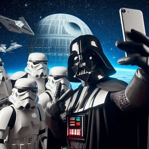 Darth Vader taking a selfie with some Storm Troopers. The Death Star can be seen in the background.