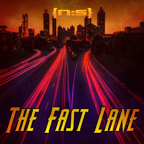 Mix artwork for The Fast Lane, featuring a long exposure image of interstates leading into Atlanta. The image has been edited so that the buildings and trees are all in silhouette and there is a reddish orange to pink and purple gradient from the top to bottom.