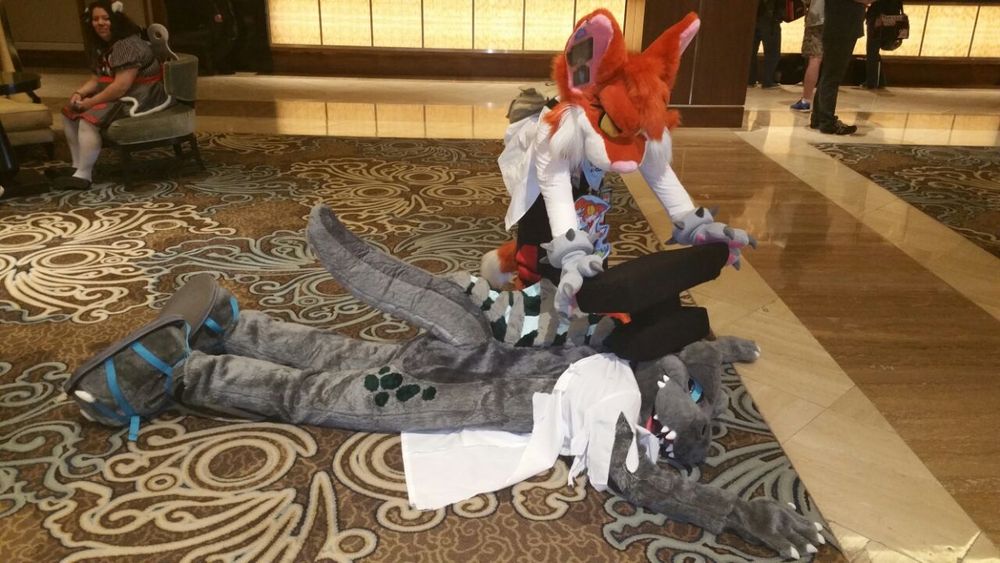 Nullstrukt the dimetrodon fursuit splayed on the ground of the TFF 2017 hotel, with Clawy the cat retrieving a prop anvil that she dropped on Nullstrukt's head to knock him out.