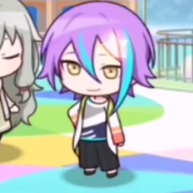 a little girl with purple hair and blue streaks is standing next to a girl with gray hair .