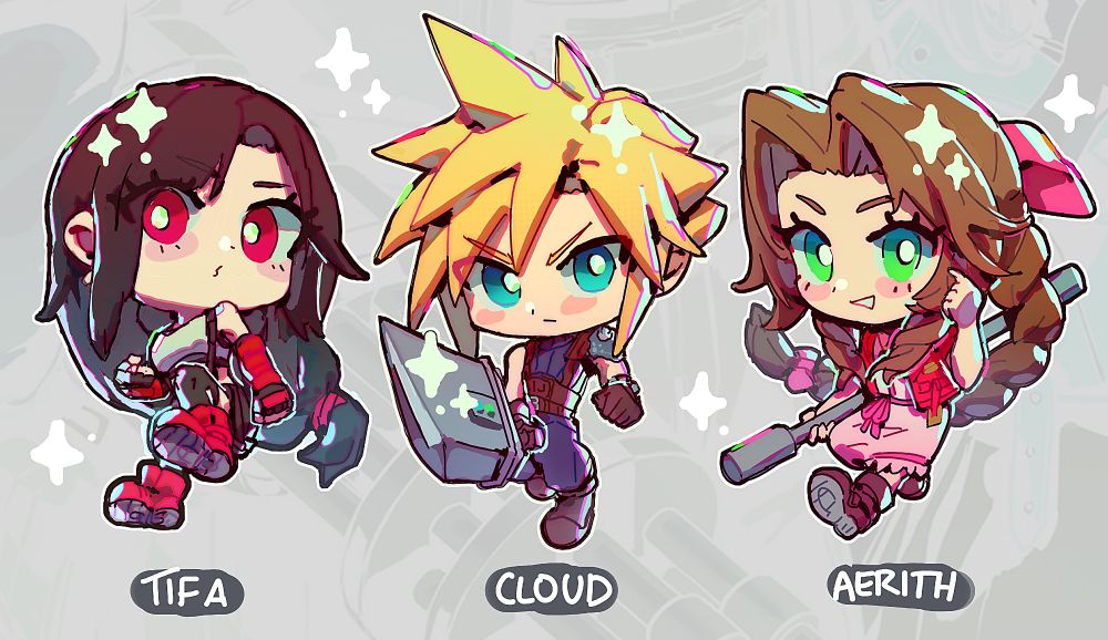 Chibi art of Tifa, Cloud and Aerith (from left to right) from Final Fantasy 7. Tifa is in a martial arts pose, Cloud is brandishing his buster sword and Aerith is smiling while holding her staff. The art is decorated with sparkles, and their names are written beneath them.