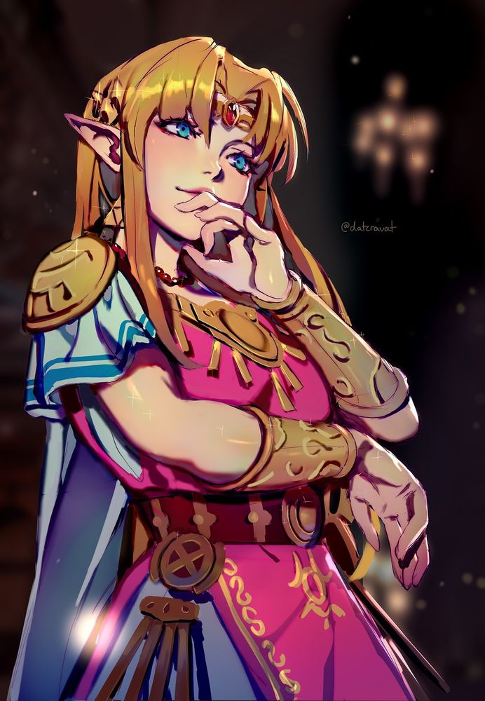 Fanart of Princess Zelda in her Link Between Worlds design. It's a hips-up shot and she's looking smugly off camera to the right, one hand to her mouth. The background is blurry and appears to be inside a castle. The lighting is warm.
