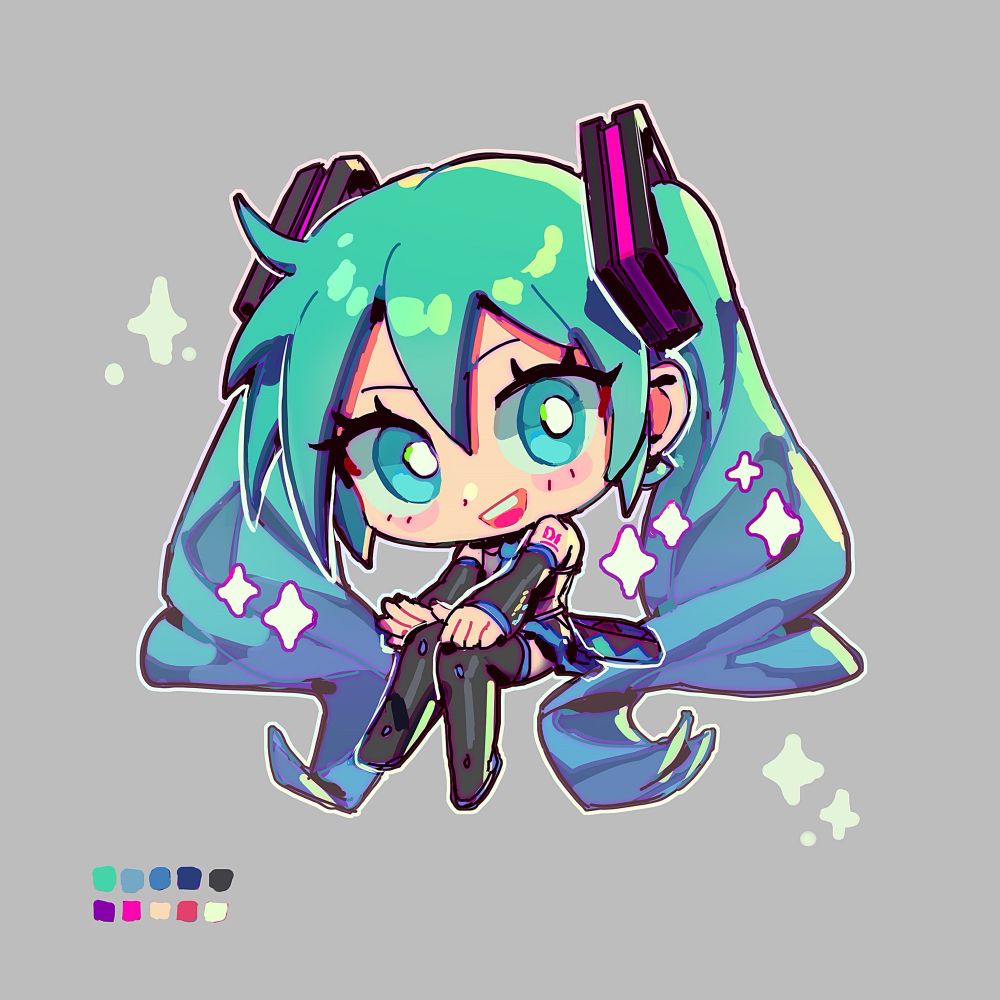 A chibi illustration of Hatsune Miku. She is smiling brightly, sitting and kicking her knees. The art is adorned with sparkles.