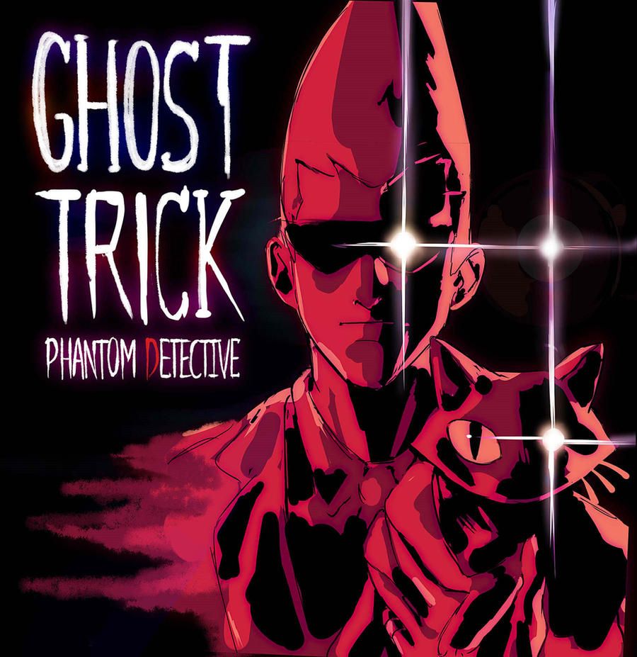 Fanart of Lemon Demon's "Spirit Phone" album cover, but Neil Cigercia and his cat are replaced with Sissel and the black cat from Ghost Trick. The image is dark and the characters are lit up with bright red, staring straight at the camera. Each have a bright white lens flare coming from their left eye. "GHOST TRICK PHANTOM DETECTIVE" is written in white on the left. Very hidden is also Ray, who is only visible if the brightness is turned high. There is a bright lens flare coming from his light bulb. It appears to simply be coming from the darkness if the brightness is low.