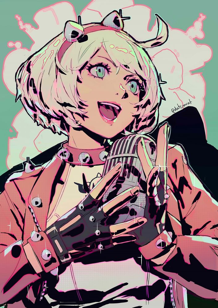 Fanart of Elphelt from Guilty Gear Strive. She is cel-shaded with black and singing into a microphone that she's holding with both hands.