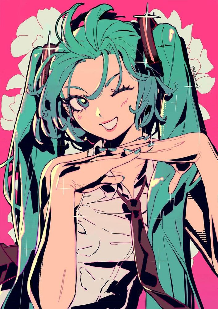 Fanart of Hatsune Miku. The illustration is cel-shaded with solid black. Her hands are linked together and she's winking cutely at the camera. The background is pink, with the silhouettes of white flowers framing Miku.