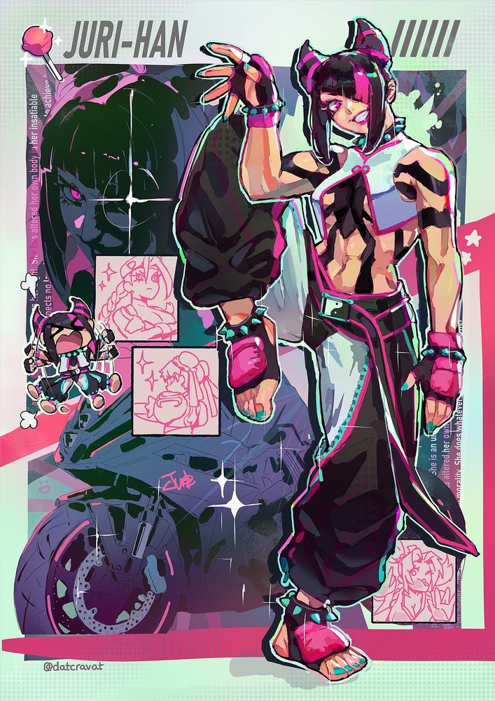Fanart of Juri Han from Street Fighter 6. It's a fullbody picture rendered colourfully, and she stands on one leg grinning, to the viewers' right side of the image. The background is cel-shaded with black, and shows a close-up of Juri's face as she grins with her eye glowing, and at the bottom her bike pokes out the frame. In the foreground there are three pink panels with simplified art of other characters inside- Cammy with arms crossed, Chun-Li stretching out her hands, and Mai Shiranui at the bottom by Juri's feet with her face pressed against the glass. There's a chibi of Juri next to Cammy and Chun-Li looking very mad.