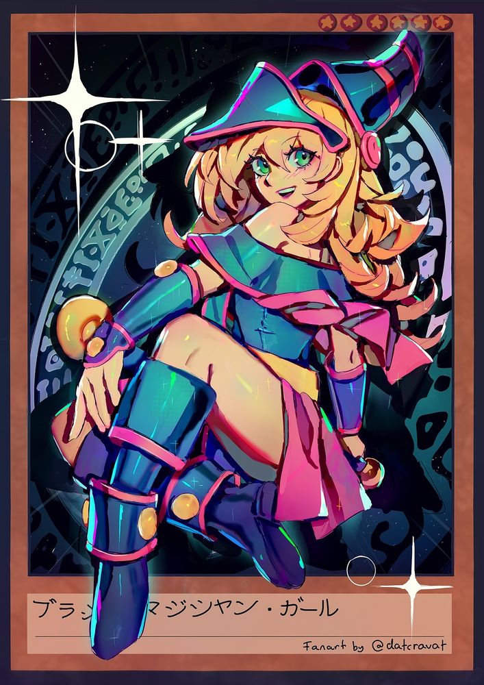A digital illustration of Dark Magician Girl from Yu-Gi-Oh! 
She's floating in a sitting-down position and smiling at the camera. The art has a boarder similar to a Yu-Gi-Oh trading card, however Dark Magician Girl overlaps it, taking up the canvas from top to bottom. Behind her is the Dark Magical Circle on a space background. The top left and bottom right corners of the image have giant lens flares.