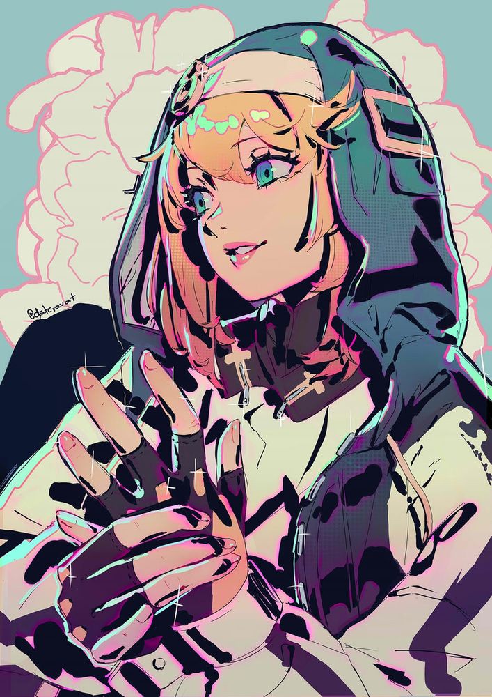 Fanart of Bridget from Guilty Gear Strive. It's a waist-up shot and she's looking off-camera smiling, and adjusting her gloves. The background is floral-like shapes made of cyan, pink and white. Bridget is cel-shaded with solid black.