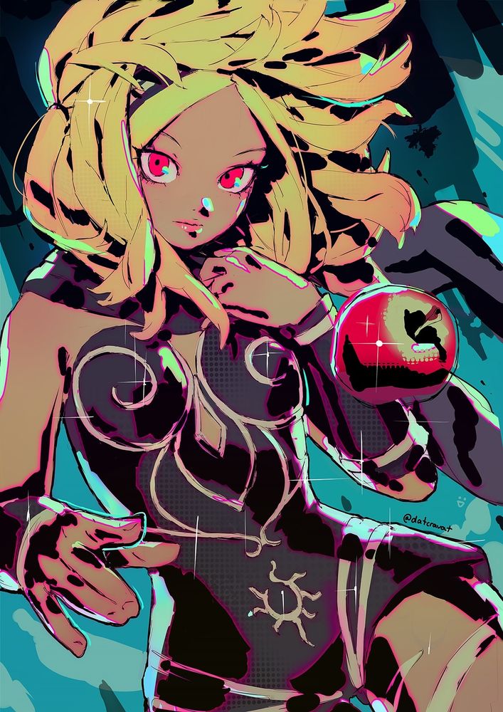 Fanart of Kay from Gravity Rush. She's floating against a turquoise sky, looking directly at the camera, with the silhouette of an upside-down city behind her. Close to her is also the silhouette of a distant tree. In the foreground floating with her is a red apple.
