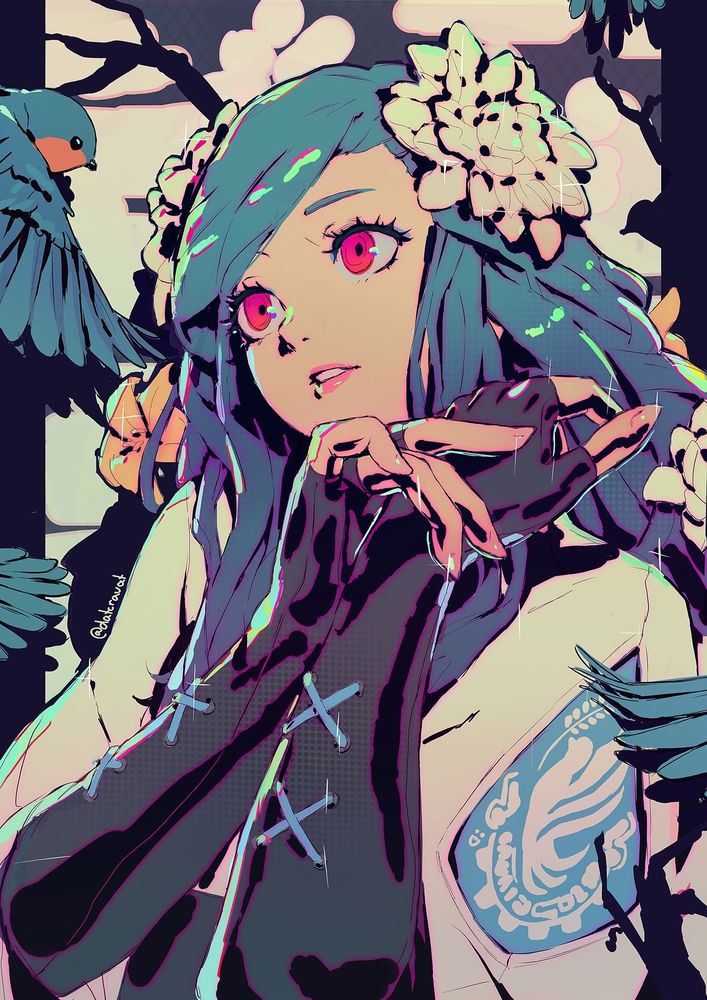 Fanart of Queen Dizzy from Guilty Gear Strive. It's a waist-up portrait of her looking at a closeby bird, expression neutral/curious, her hands held close to her face. The art is cel-shaded with solid black, and the anime style has been influenced slightly by contemporary Japanese art.