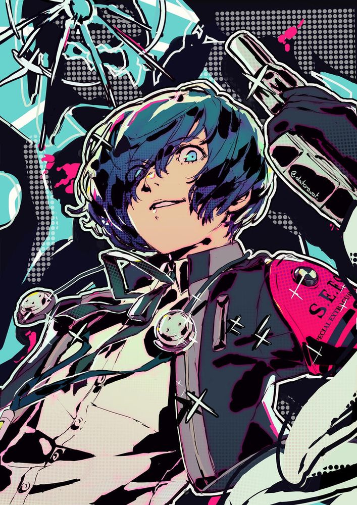 Fanart of the protagonist from Persona 3 Reload. He's cel-shaded with solid black and brandishing his evoker, lazily pointed upwards as if he's just shot with it. There's a bullet hole in the top left corner of the image, and the centre of it acts as the eye for Thanatos, who appears as a shadow in the background, his white-gloved hand curling round the protagonist in the foreground. The primary colours present in the illustration are CMYK, the colours that make up everything in printing, in an attempt by the artist to represent "The Fool". 
