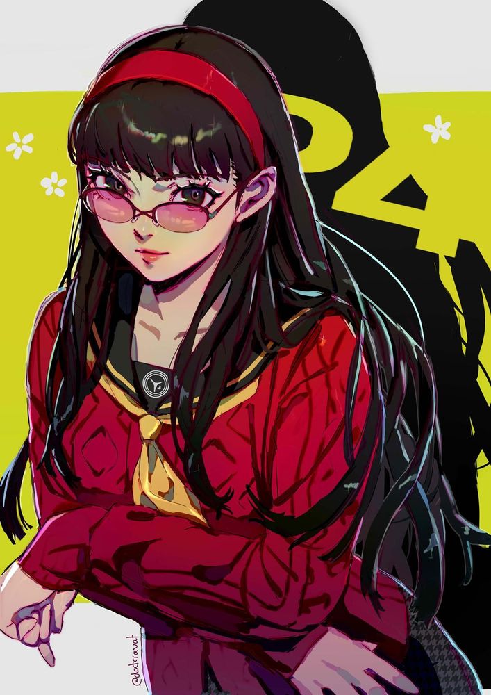 Fanart of Yukiko Amagi from Persona 4. It's a hips-up shot from a high angle and she's looking at the camera and smiling. She's wearing her regular school uniform and glasses. 