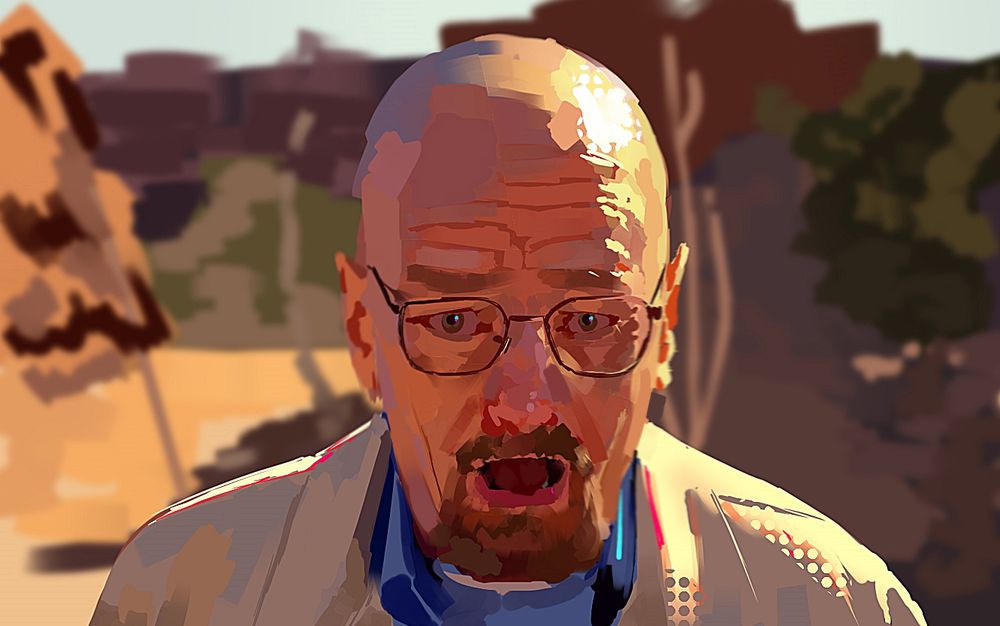 A digital painting of Walter White from Breaking bad, bewildered and mouth agape in a screenshot often used in memes. The art is colourful and screentone is used in places.