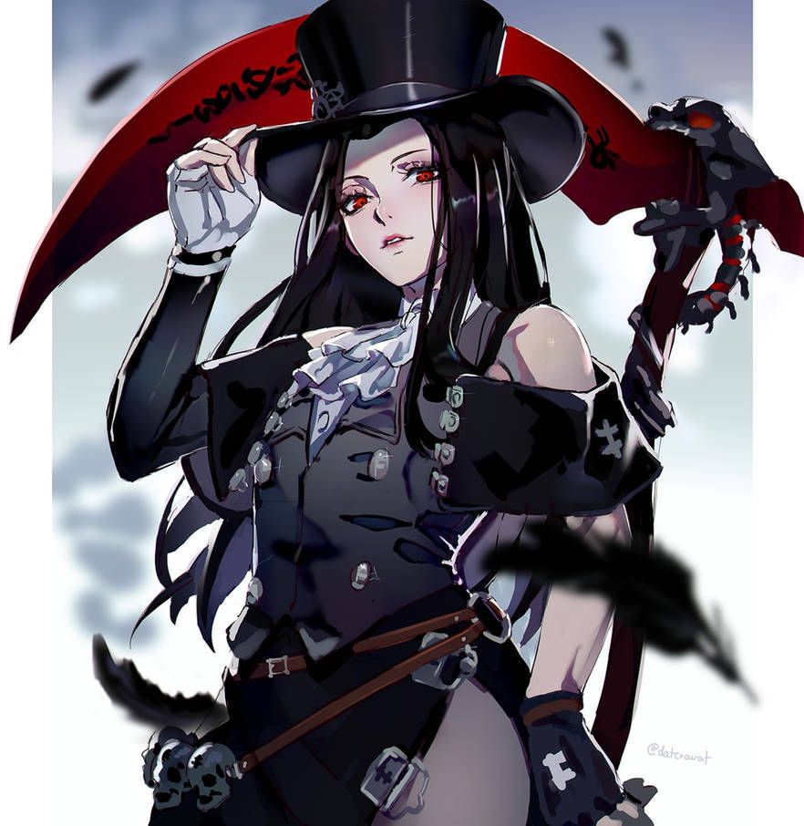 A thigh-up shot of Testament from Guilty Gear Strive. They are gently holding the brim of their hat and looking down at the camera. They are casually holding their scythe, and black feathers are in the foreground of the fanart.