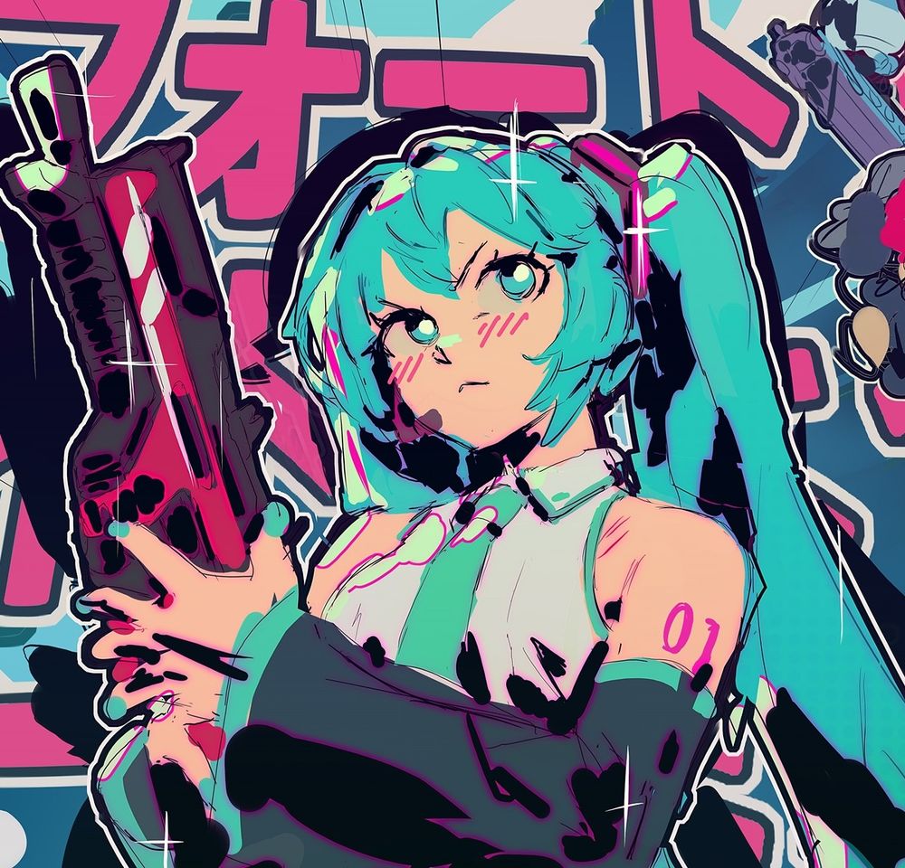 A cropped image of Miku holding the surgefire SMG from Fortnite. She is visible from the waist-up and is pouting looking to the right, offscreen. She is shaded with solid black. There is large japanese text obscured behind her and a distant battle bus in the corner. The image is messily drawn.