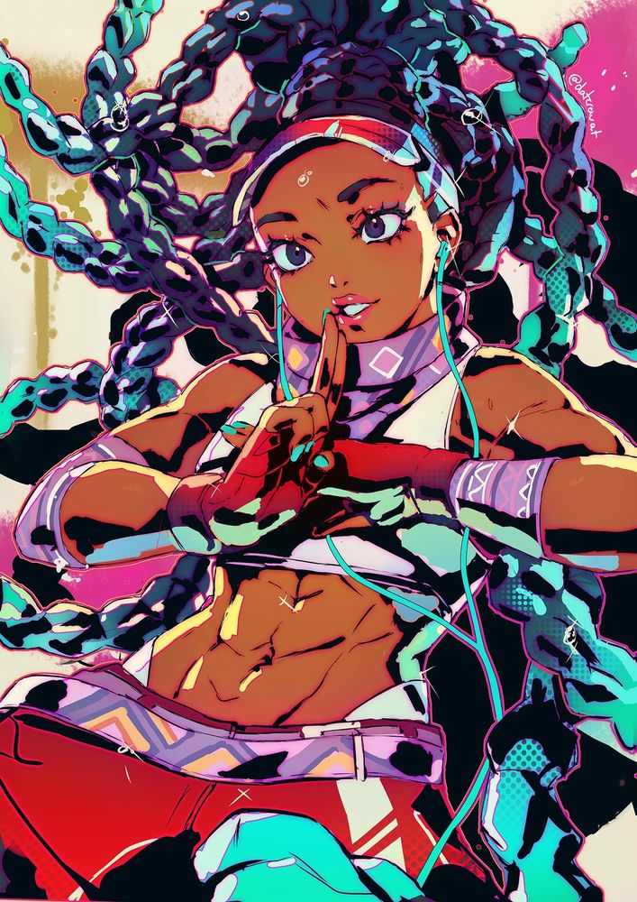 Fanart of Kimberly from Street Fighter 6. She is cel-shaded with black and forming a ninja hand sign with her hands. She is in her alternate outfit and her hair is flying wildly around the canvas.