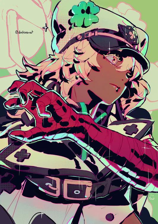 Fanart of Ramlethal from Guilty Gear. She's facing right and lifting her bandaged arm as if to fight, neutral expression on her face. The background is green, and Ram is cel-shaded with black.