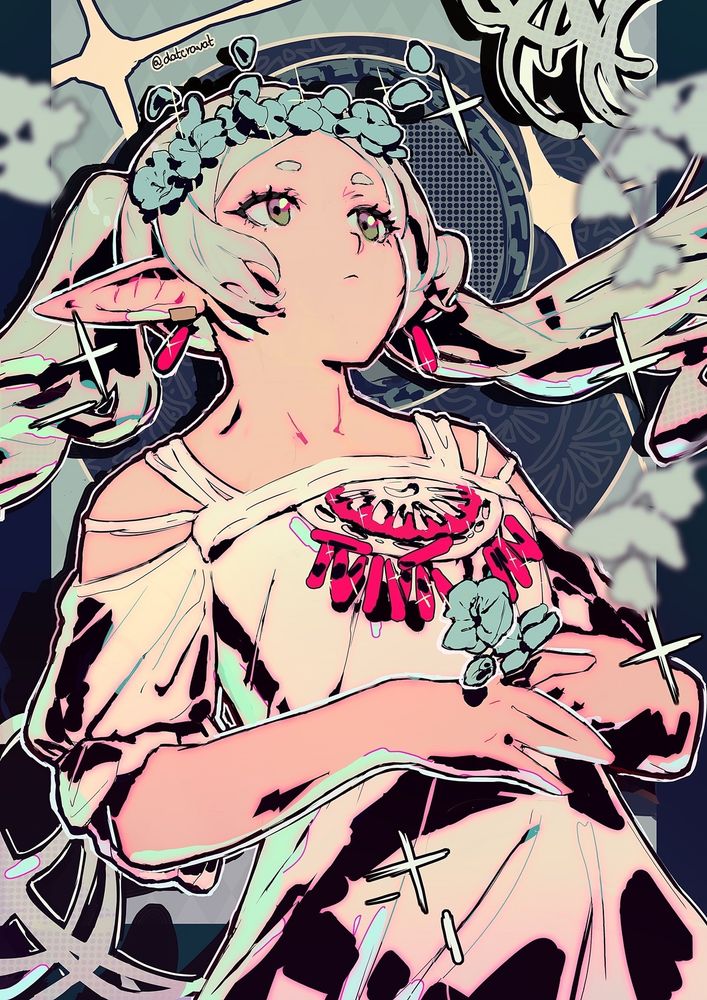 Fanart of Frieren, in her art nouveau inspired outfit from the ED. It's a torso-up shot and she's gently holding some Blue Moon Weed flowers just below her chest. She's wearing a crown of them too. Her expression is neutral as she looks off into the distance. The style of the piece is inspired by art nouveau, but cel-shaded with black.