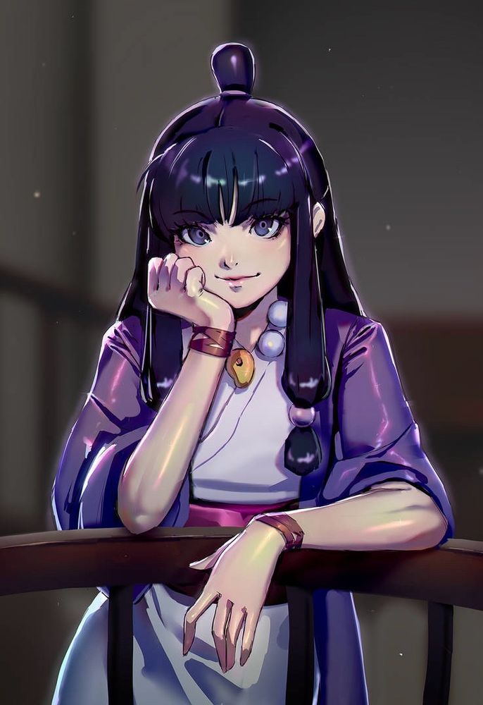 Fanart of Maya Fey from Ace Attorney. She appears to be in the courtroom after it's closed, as the lighting is dark and she is casually leaning on the witness stand while smiling at the camera, supporting her head with one of her hands.