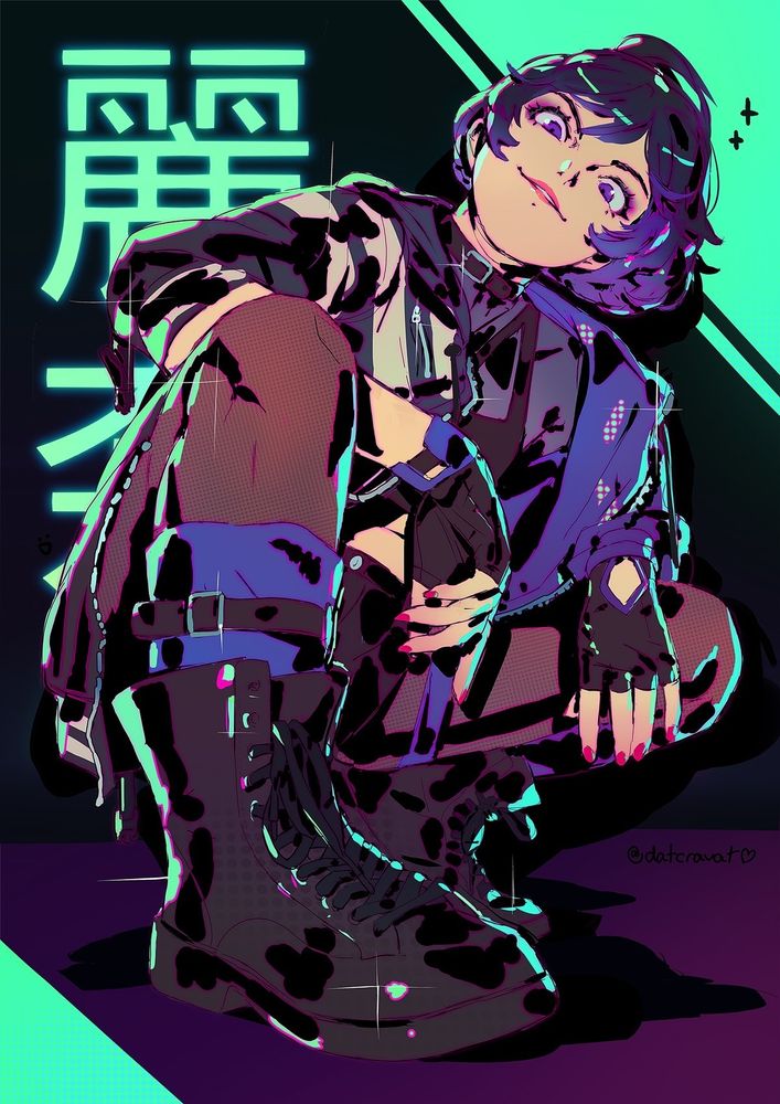 Fanart of Reina from Tekken. She's kneeling, a mildly deranged look on her face, and the camera is at a low angle looking up at her. There is Japanese Kanji behind her that says "REINA." The piece has bright green accents, and Reina is cel-shaded with solid black.