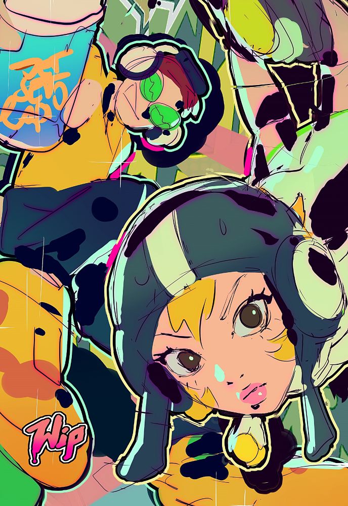 Unfinished and cropped fanart of Beat and Gum from Jet Set Radio. Gum's face is close to the camera and she's staring at it scrutinizingly. Beat is further away with a grin and pointing a spray paint can at the camera. The word "WIP" is at the bottom of the drawing. It is brightly coloured and cel shaded with black. 