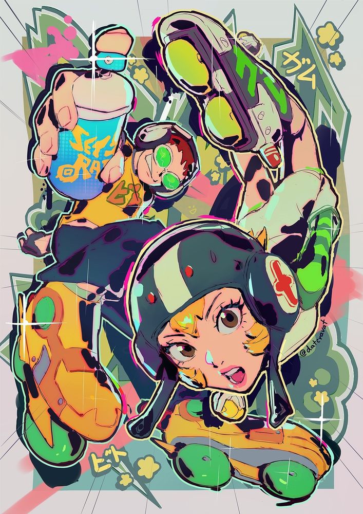 Fanart of Beat and Gum from Jet Set Radio. They are floating in fisheye perspective with exaggerated proportions. Gum's face is close to the camera and she's staring at it scrutinizingly with her mouth open. Beat is further away with a grin and pointing a spray paint can at the camera. His feet with roller blades are close to the camera and enlarged from the perspective. The drawing is is brightly coloured and cel-shaded with black. 