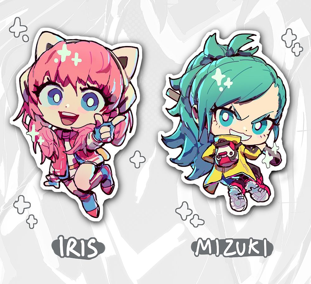 Chibis of Iris and Mizuki from AI: The Somnium Files. Iris is smiling widely and pointing at the camera, and Mizuki is brandishing her pipe with a mischievous ">:D" face. There are sparkles around them.
