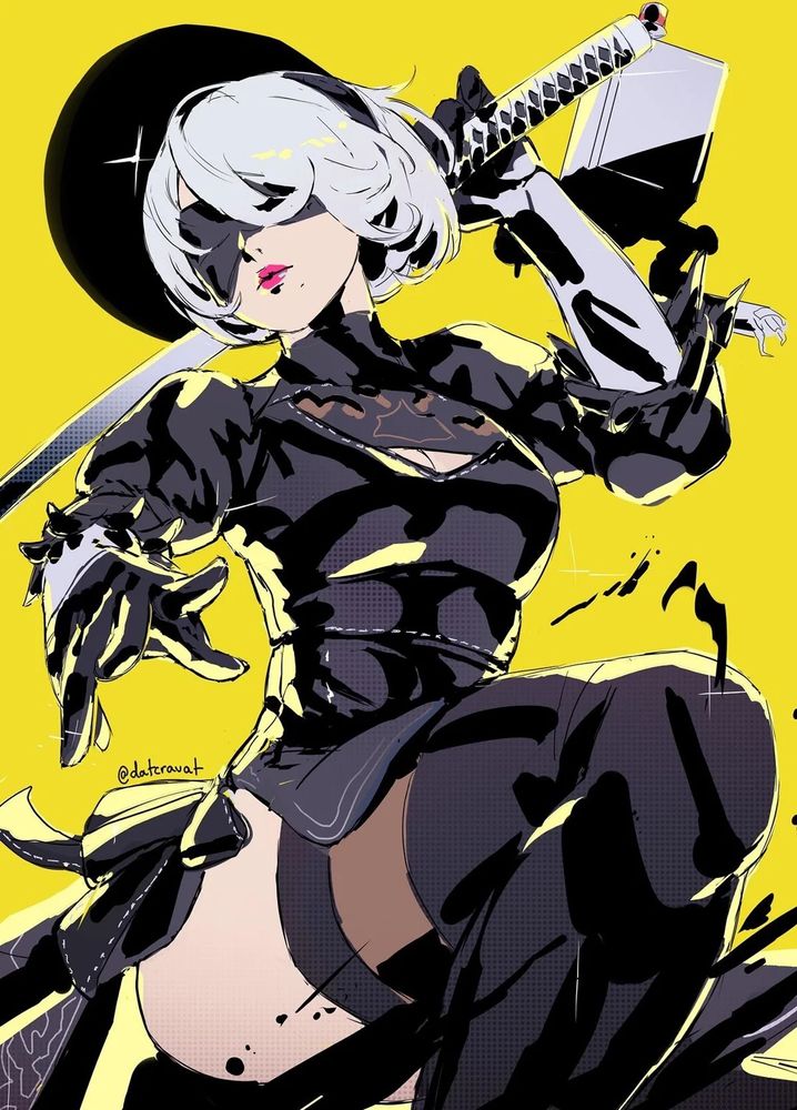 Fanart of 2B from Nier Automata. She is brandishing her sword with Pod in the background. The background is bright yellow, and 2B is shaded with solid black.