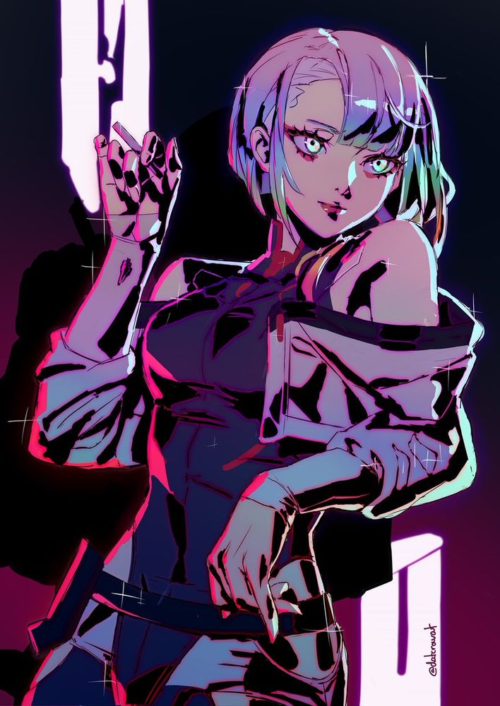 Fanart of Lucy from Cyberpunk Edgerunners. The lighting is dim and purple, and there is a strong red rim light on the left, a strong light blue one on the right. She is looking to our right offscreen and lazily holding a cigarette. The whole picture is cel-shaded with black.