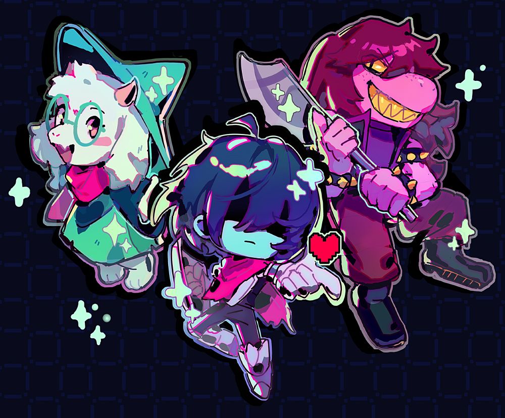 Chibi art of Ralsei, Susie and Kris from Deltarune. Kris is in the front and centre, holding their shield behind them. The SOUL is hovering above their pointed finger. Ralsei is on our left, smiling with his palms outstretched, and Susie is on our right grinning and brandishing her Axe. Their names are written beneath them. The whole picture is adorned with sparkles.