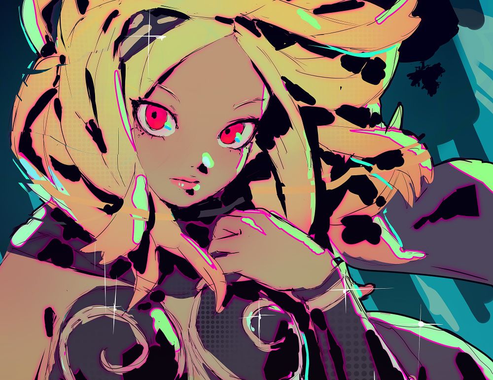 Art of Kat from Gravity Rush, cropped so it's a headshot. She's looking at the camera with her hair and scarf falling sideways to the right. Her hand is to her scarf around her neck. There is the silhouette of a tree upside-down in the background. Kat is cel-shaded with black.