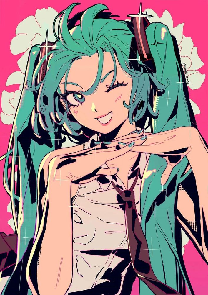 Fanart of Hatsune Miku. The illustration is cel-shaded with solid black. Her hands are linked together and she's winking cutely at the camera. The background is pink, with the silhouettes of white flowers framing Miku.