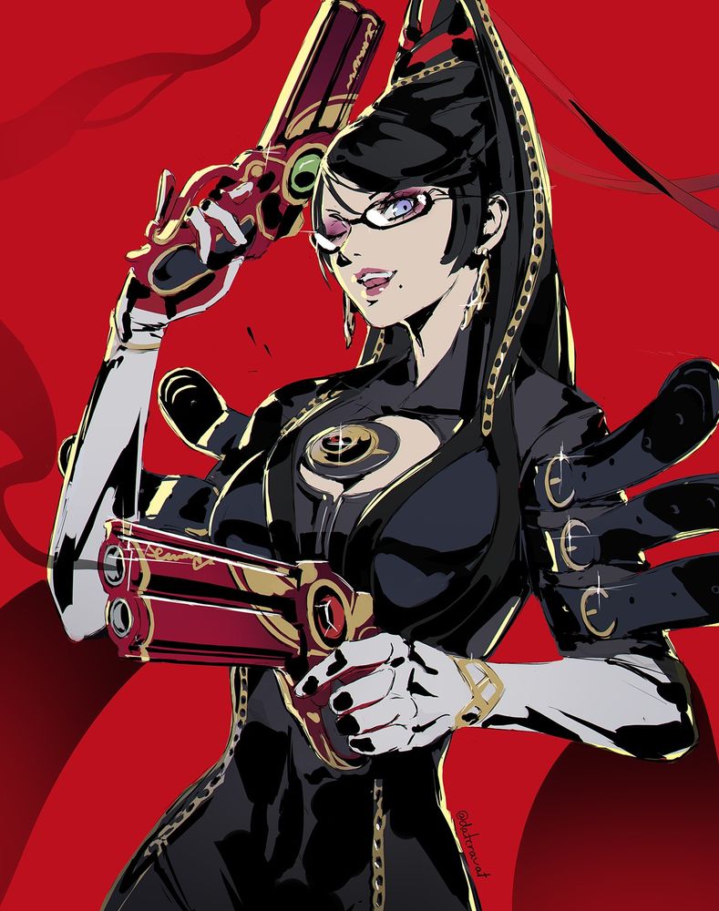Fanart of Bayonetta in her Bayonetta 1 outfit. The background is plain red and she's cel-shaded with solid black. It's a shot from the hips up and she's brandishing her guns, winking at the camera.