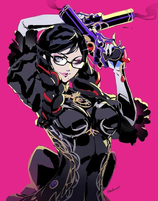 Fanart of Bayonetta in her Bayonetta 3 outfit. The background is plain hot pink and she's cel-shaded with solid black. It's a shot from the hips up and she's holding her smoking guns up behind her head, winking at the camera.