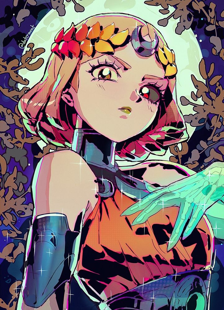 Fanart of Melinoe from Hades II. It's a waist-up shot, she is cel-shaded with black and raising her skeleton hand. The background is a purple sky with muddy green leaves and a giant moon framing her head. The style of are is inspired by 90s shoujo anime.