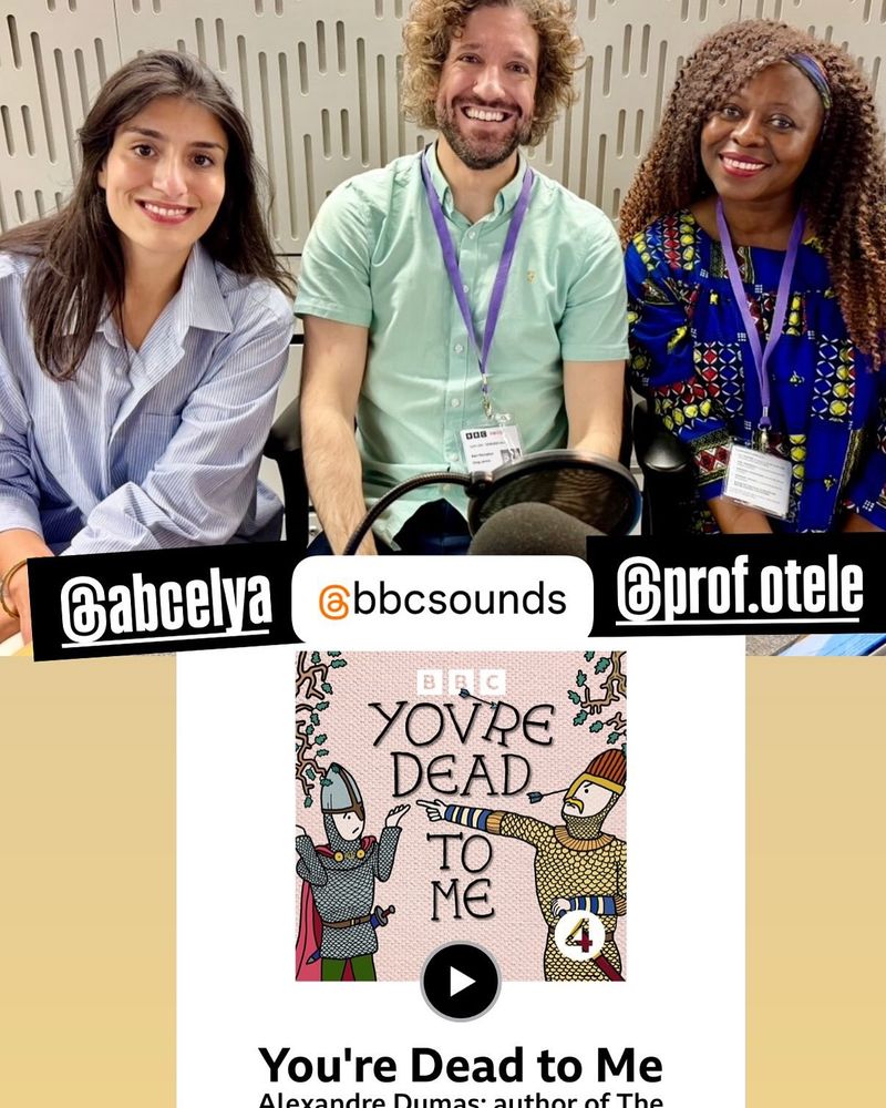 A photo of the comedian Celya AB, historian Greg Jenner, and historian Prof Olivette Otele smiling as they sit side by side 

The You’re Dead To Me artwork is a funny play on the Bayeux Tapestry and shows an angry King Harold, with arrow in his eye, pointing accusingly at Willian of Normandy  