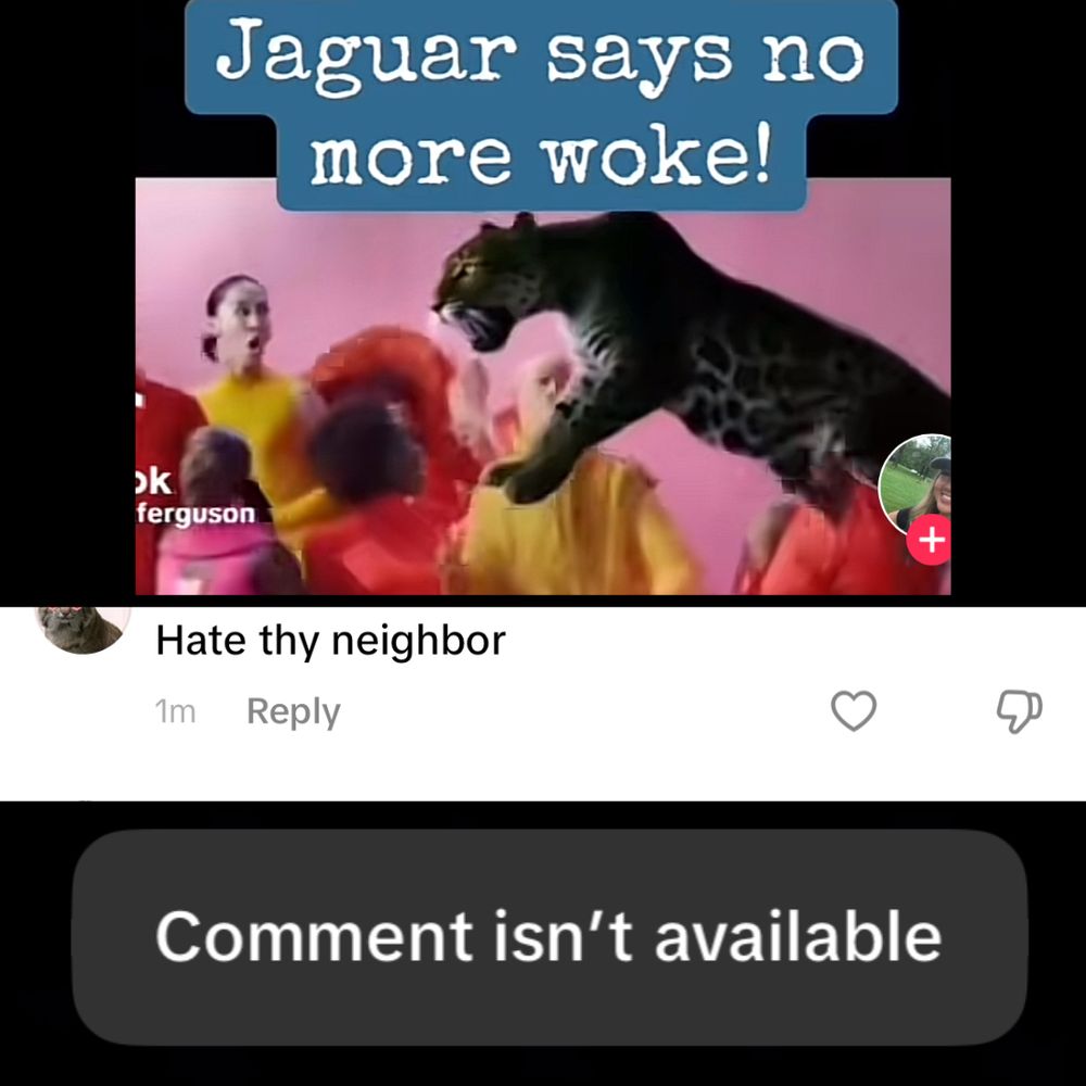 A screenshot of a TikTok video depicting a jaguar attacking the people in the jaguar car brand’s recent campaign video. The video is titled “Jaguar says no more woke!” A user leaves a comment saying “hate thy neighbor”. The video creator deletes that comment 