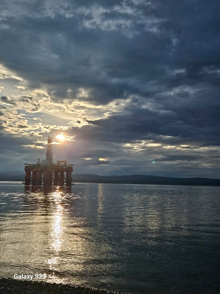 Oil rig for decommissioning at sunset. Cromarty.