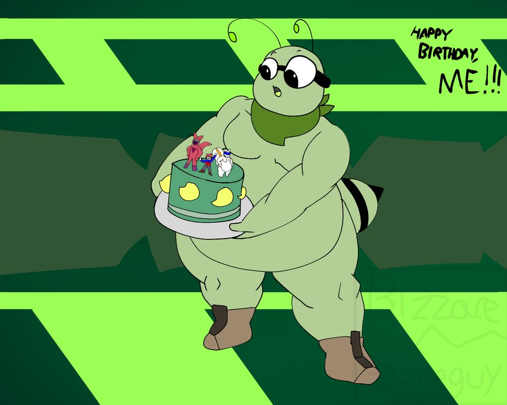 A fullbody drawing of Hachi holding a green cake, with models of the Sector 3 trio as decorations! (decorations from left to right, Muffle, Roppo, Kizumaru)


Right corner text: "Happy Birthday, ME!!"

(if you're reading this, wish me a happy birthday)