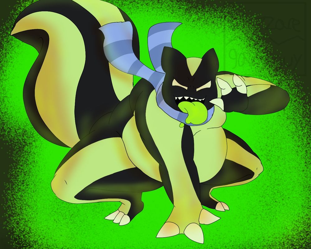 A rendered, fullbody drawing of Thunderskunk sticking his tongue out, crouching as he does so