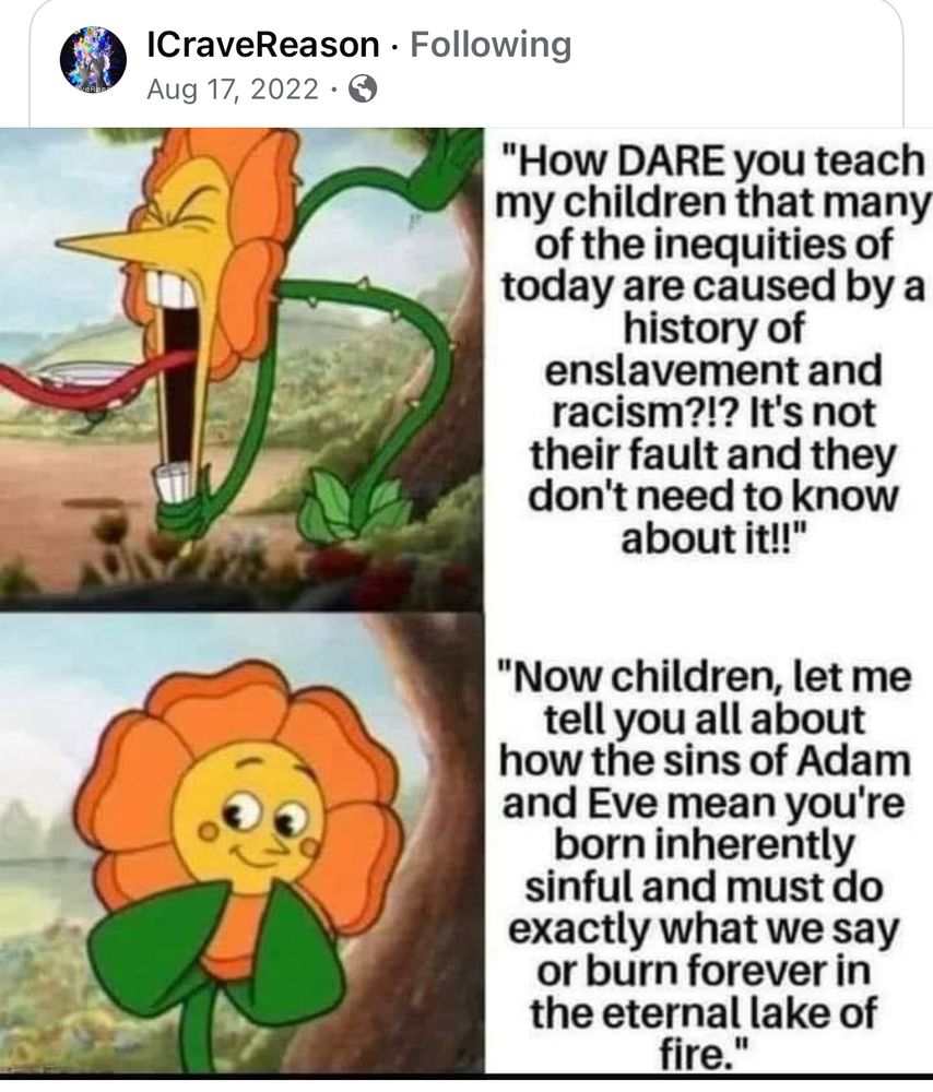 Facebook post by ICraveReason dated August 17, 2022: The top left image is of cartoon flower screaming; its long, red tongue extends beyond the frame, and the eyes are closed tightly. Its nose is long and pointy like a witch’s, and the stem has small thorns. To the right of the image are the words the angry flower is shouting- “How DARE you teach my children that many of the inequities of today are caused by a history of enslavement and racism?!? It’s not their fault and they don’t need to know about it!! The bottom left image is the same flower, but wearing a cheery face. There are no thorns, and its cheeks are round and orange like the petals. To the left are the words of the happy flower- “Now children, let me tell you all about how the sins of Adam and Eve mean you’re born inherently sinful and must do exactly what we say, or burn forever in the eternal lake of fire.”