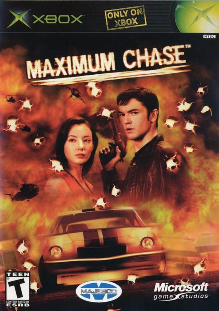 The cover of Maximum Chase. In the center are a man with a leather jacket holding a pistol and a lady with a sleeveless dress staring out at something indeterminate with flames and bullet holes floating around them. In the bottom third a 1970 Camaro is tearing through traffic while a helicopter is seen in the distance. It also states that ESRB rated the content of the game T for Teen, and that it's the fault of Majesco and Microsoft Game Studios that this exists. 