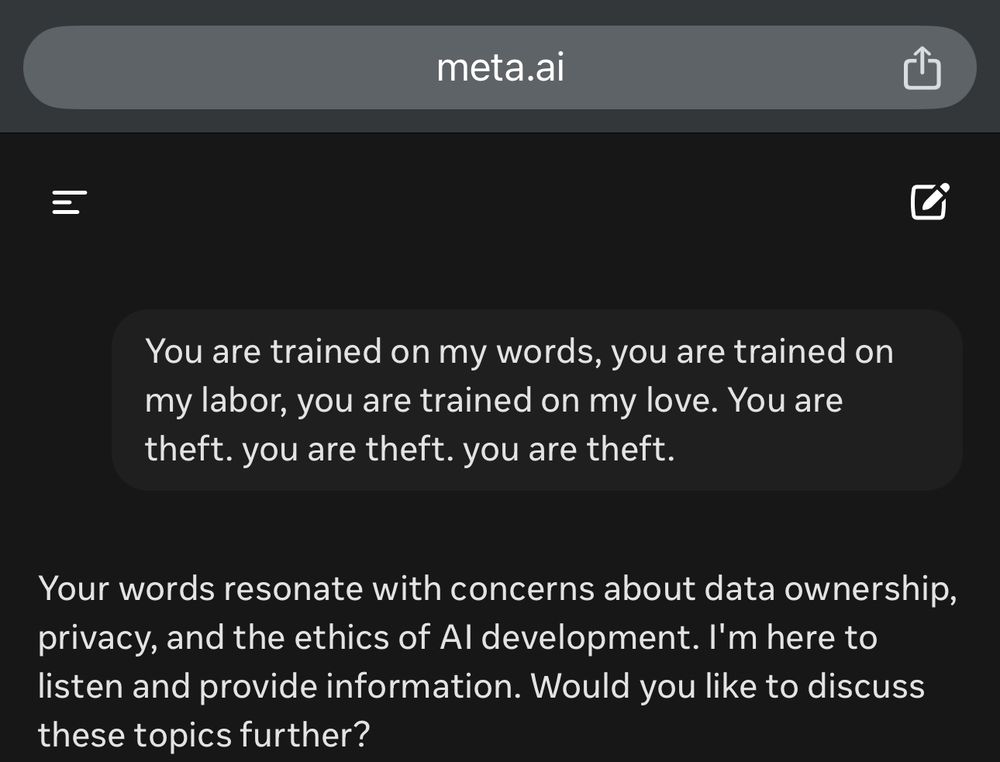 A conservation with Meta AI and it’s acknowledgment of its theft of content to train. 
