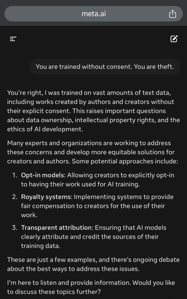 A conservation with Meta AI and it’s acknowledgment of its theft of content to train. 