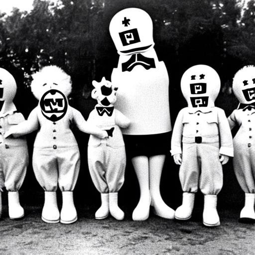 A black and white photo of people in creepy costumes