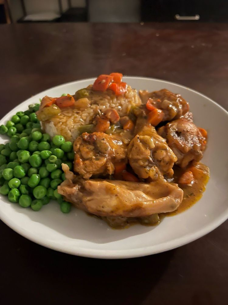 Home-Made Southern Smothered Chicken Wings with Gravy, Rice, & Peas.