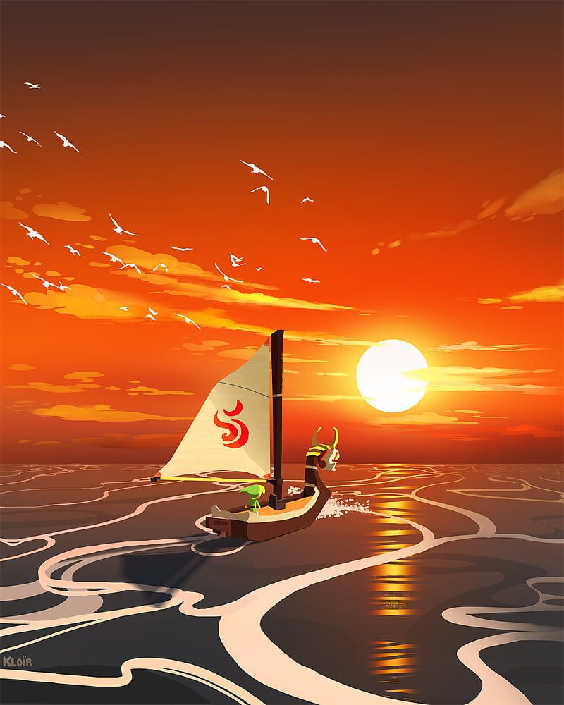 Stylized artwork of Link sailing the King of Red Lions across a calm ocean at sunset in The Legend of Zelda: The Wind Waker. The sky glows orange with scattered clouds and a flock of seagulls flying overhead. The sea reflects the sun’s light with smooth, swirling patterns, evoking a serene yet lonely atmosphere.