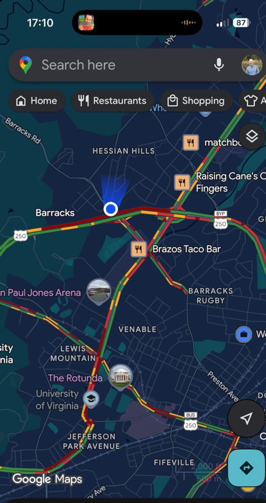 Screenshot of a Google map showing the absolute shit show that is Charlottesville traffic right now with red everywhere indicating heavy traffic.

Barracks Road, Garth Road, 250 bypass, Emmett Street, freaking everywhere.